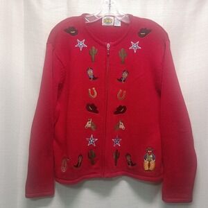 Vtg ROD'S Womens M Red Embroidered Cardigan Full Zip Sweater Western Appliques